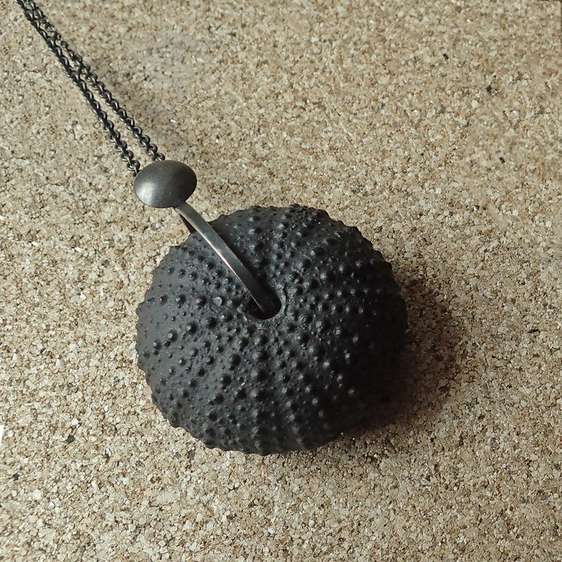 Black Sea Urchin Porcelain necklace, seashell pendant, dark jewelry 